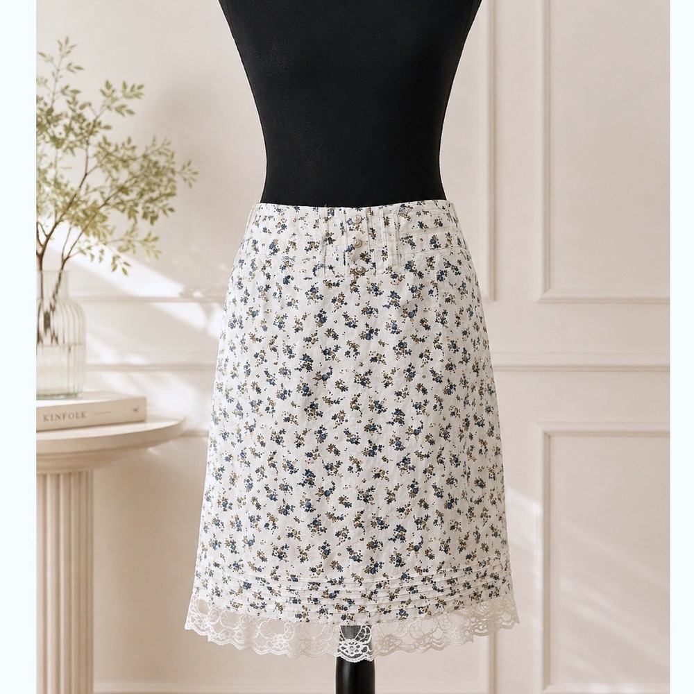Vintage Handmade Cottage Floral Skirt Size S Lace Trim Prairie Coquette Garden